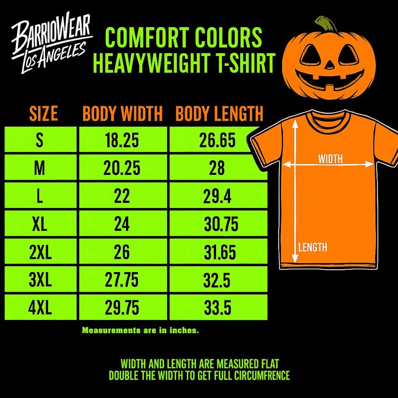 May include: Orange heavyweight t-shirt with a pumpkin graphic. The image includes a size chart with body width and length measurements in inches, ranging from S to 4XL. The text reads "COMFORT COLORS HEAVYWEIGHT T-SHIRT".