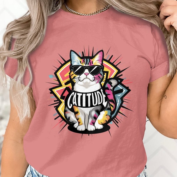 Cool Cat T-Shirt, Funky Catitude Graphic Tee, Hip Cat with Sunglasses, Cat Streetware, Bold Retro Colors, Gift for Cat Lovers