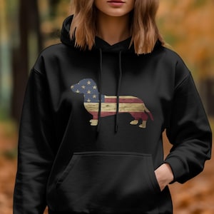 Vintage American Flag Dachshund Hoodie, Patriotic Dog Lover Sweatshirt, Unisex Distressed Flag Print Hoodie, Gift for Pet Owners