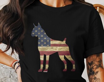 American Flag Boxer Dog Silhouette T-Shirt, Patriotic Boxer Dog Tee, USA Boxer Dog Graphic Shirt, Fourth of July Boxer Dog Lover Gift