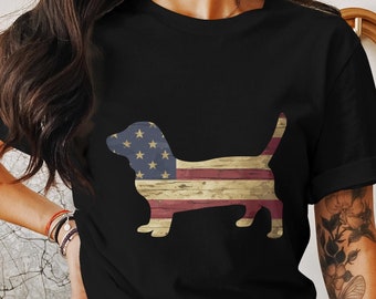 Camiseta com silhueta patriótica de Basset Hound, estampa da bandeira americana, camiseta do Dia da Independência, presente para amantes de cães, estilo vintage, camiseta para votação eleitoral