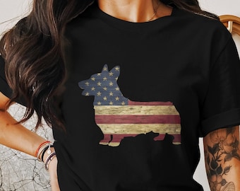 Camiseta con la bandera estadounidense de Welsh Corgi, camiseta patriótica para amantes de los perros, camiseta con gráfico de corgi con la bandera de EE. UU., regalo para el Día de la Independencia.