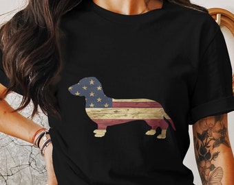 Patriotic Dachshund Dog T-Shirt, American Flag Print, Stars and Stripes, Independence Day Apparel, Casual Wear, Voting Shirt, Election Shirt