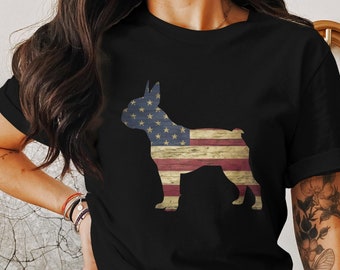 May include: Black t-shirt with a silhouette of a French Bulldog, the silhouette is filled with an American flag design.