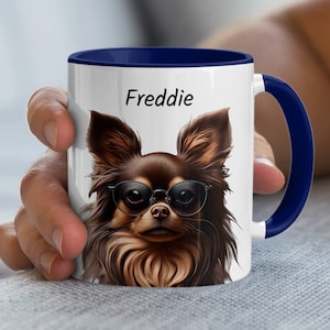 Personalized Chihuahua Dog Mug, Customize with Your Dog&#39;s Name, Cute Long Coat Chihuahua with Sunglasses, Perfect Gift for Pet Lovers