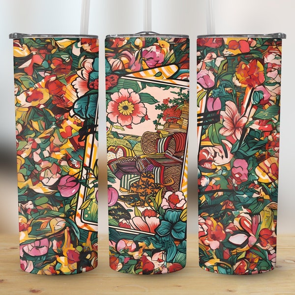 Japanese Hanafuda Floral Tumbler Wrap, 20oz Sublimation Tumbler Designs, Straight & Tapered Tumbler Wrap PNG Instant Download Commercial Use