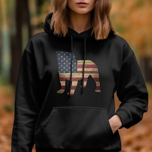 American Flag Bulldog Silhouette Hoodie, Patriotic Dog Lover Sweatshirt, Unisex USA Flag Hooded Top, Independence Day Bulldog Apparel