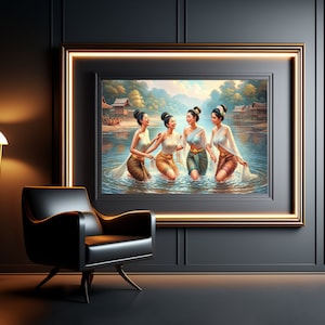 Thai girl in the river, Thai art style, Digital art print, Wall Art Reference, Digital Print Download, Digital Wall Print Download,