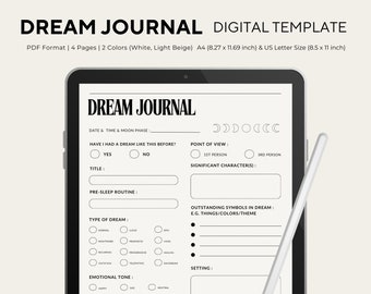 Digital Dream Journal Template (A4 & US Letter) | Highly-Detailed 4-Page Dream Journal | PDF Format | Instant Printable Download