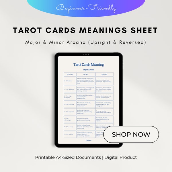 Tarot Cards Meaning Sheet : Major & Minor Arcana (Upright and Reversed) | 7 Pages | Printable A4-Sized PDF Documents | Digital Product