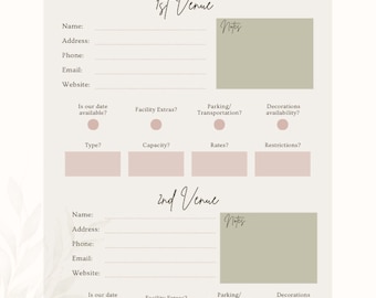 May include: A printable wedding venue comparison checklist with sections for name, address, phone, email, website, notes, is our date available, facility extras, parking/transportation, decorations availability, type, capacity, rates, and restrictions. The checklist is designed for comparing two wedding venues.