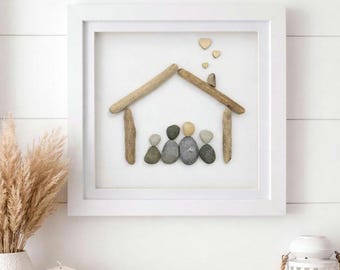 Pebble Art Family Picture: New House Warming Gift, Coastal Home Decor, Driftwood House