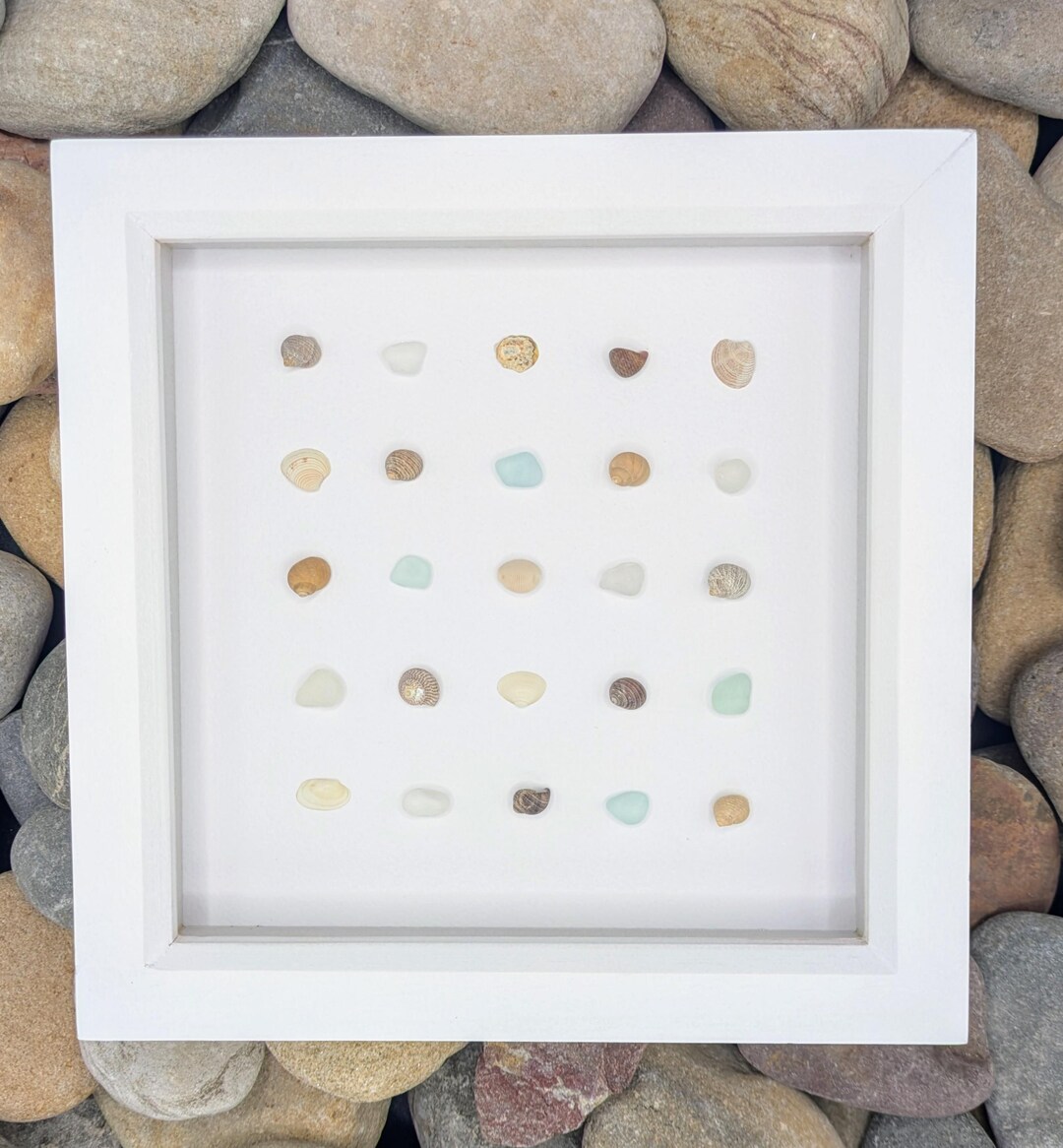 Sea Glass and Seashell Grid Art: Tynemouth Beach Treasures, White Frame ...