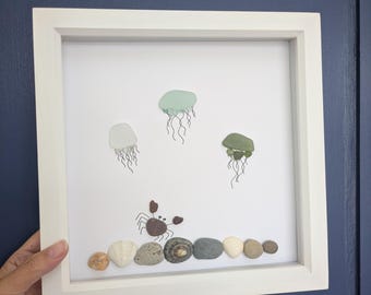 Sea glass crab and jellyfish art: Coastal ocean animal picture with shells