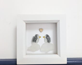Sea Glass Penguin Couple Art: Winter Beach Christmas Decor, Hand Collected Piece