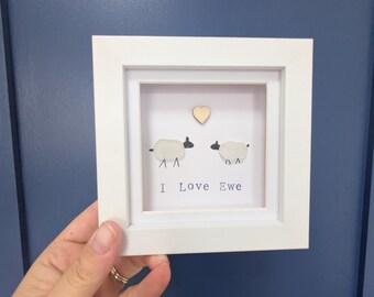 Sea Glass Sheep Art: Two Sheep, Wooden Heart, 'I Love Ewe' Quote
