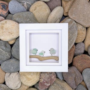 Sea Glass Bird Picture 3 Birds on a Driftwood Branch | Mini Family Sea Glass Bird Art | Handpicked Sea Glass | Personalised Family of 3 Gift