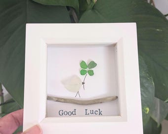 Sea Glass Bird Art: Handmade Good Luck Four Leaf Clover Keepsake