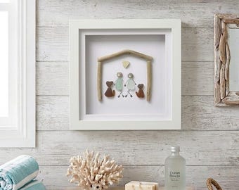 Family sea glass picture: New home gift, driftwood house art