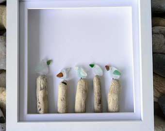 Sea Glass Seagull Bird Picture with 5 Birds on Driftwood Stumps. All pieces have been hand collected and crafted in Tynemouth in England.