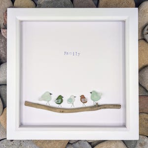 Sea Glass Bird Picture of 5, 6, 7 or 8 Birds on a Driftwood Branch, Personalized Sea Glass Gift Family Name, Handpicked Sea Glass, England.