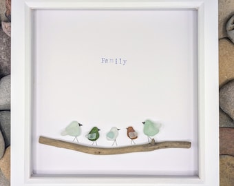 Sea Glass Bird Picture of 5, 6, 7 or 8 Birds on a Driftwood Branch, Personalized Sea Glass Gift Family Name, Handpicked Sea Glass, England.