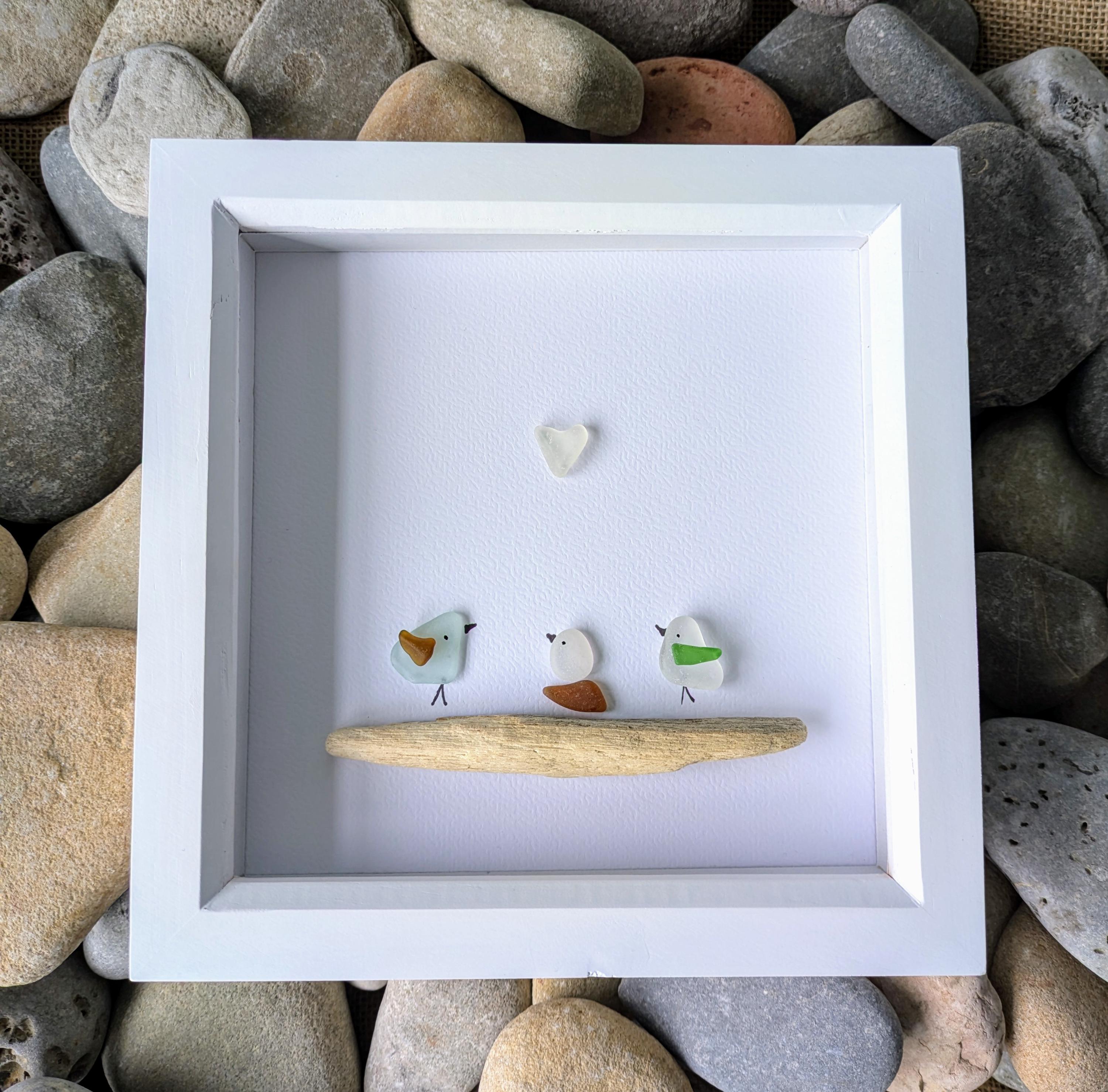 Sea Glass Bird Picture on Driftwood for a New Family, Personalised hand stamped lettering, Personalized New Born Baby Picture in Sea Glass.