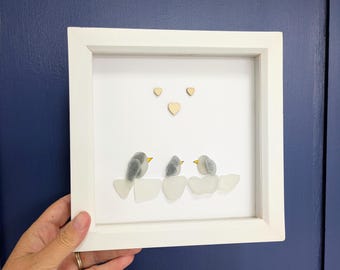 Sea Glass Penguin Family Art: Winter Beach Christmas Decor, Hand Collected Piece