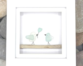 Sea Glass Bird Art: Coastal Flower Picture, Beach Decor