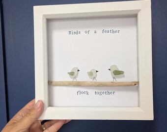 Personalized Sea Glass Bird Art | Coastal Driftwood Wall Decor | Birds of a Feather Flock Together