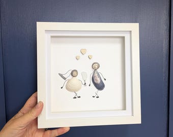 Personalized Sea Glass and Sea Shell Wedding Picture: Handmade Coastal Art, Wedding Day Present