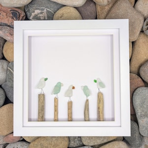 Sea Glass Seagull Art: 5 Birds on Driftwood, Tynemouth England