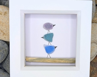Seeglas Vogel: Drei Vögel auf Treibholz Ast, Acrylmalerei