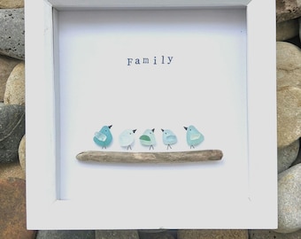 Sea Glass Bird Family Picture: Personalized Coastal Decor
