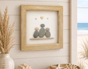 Family Pebble Picture Handmade Family of 3, Coastal Art with 3 wooden hearts, Gift for Dad, Present for Mum