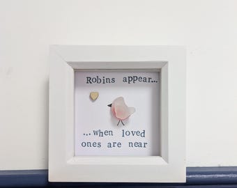 Handcrafted Sea Glass Robin Picture: Coastal Art, Robins appear...when loved ones are near, thinking of you, sympathy gift, bereavement gift