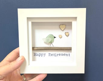 Sea Glass Bird Retirement Picture: Handmade Sea Treasure Art Keepsake