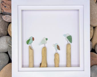 Sea Glass Seagull Bird Picture with 4, 5, 6, 7 or 8 Birds on Driftwood Stumps. Hand collected & crafted in Tynemouth, England.