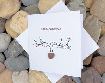 Handmade Sea Glass Rudolph the Reindeer Christmas Card: Coastal Christmas Cards