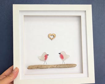 Coastal Love Birds Shadow Box, Wooden Heart Wall Art, Driftwood Bird Sculpture, Seaside Home Decor, Romantic Anniversary Gift, Beach House
