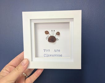 Sea Glass Crab Art: Coastal Decor with "You Are Clawesome" Lettering (12cm Frame)