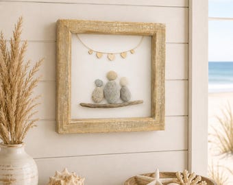 Personalized Fathers Day Pebble Picture Handmade Coastal Art with Heart Bunting, Gift for Dad 18 cm x 18 cm 3 Figures