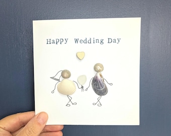 Handmade Sea Glass and Shells Wedding Card: Coastal Wedding Gift for Special Couple