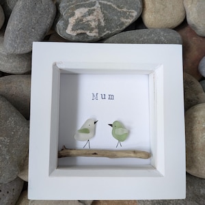 Mom Sea Glass 2 Birds Picture, Mum Sea Glass Bird Picture, Handpicked Sea Glass and Handcrafted Sea Glass Picture, Mother&#39;s Day Gift.