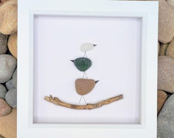 Sea Glass Bird Art, Three Birds, Sister Sea Glass Picture, Family Present, Coastal Art