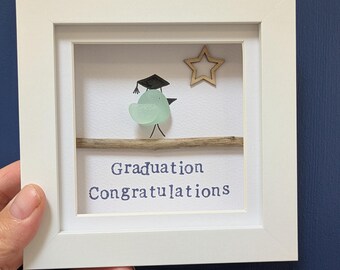 Sea Glass Bird Graduation Art: Handmade Congratulations Keepsake Framed Picture