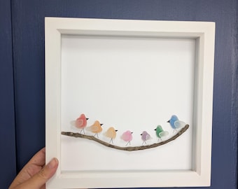 Sea Glass Rainbow Bird Family Tree Picture on Driftwood Branch, Beach Decor, Family Gift