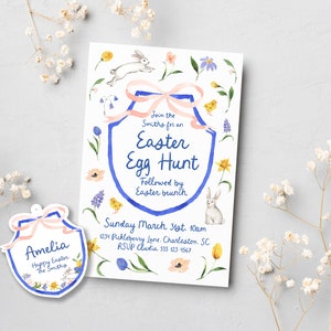 May include: A blue and pink Easter egg hunt invitation with a white bunny, yellow chicks, and floral designs. The text reads "Join the Smiths for an Easter Egg Hunt Followed by Easter Brunch" and includes the date, time, address, and RSVP information.
