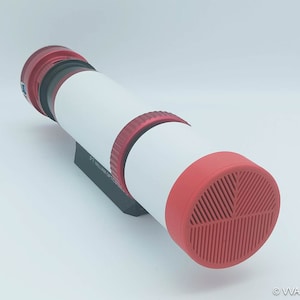 May include: A white telescope with a red and black lens cap. The telescope has a red and black ring around the middle and a red, circular, vented cap on the end. The text "WILLIAM OPTICS" is printed on the side of the telescope.