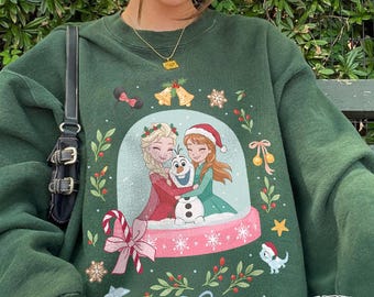 Vintage Coquette Disney Frozen kerstshirt, Elsa Anna Snow Globe T-shirt, Disney Princess Winter Wonderland shirt, WDW vakantiesweater